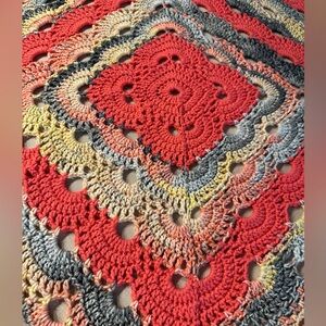 Handmade Crochet Throw Blanket in Coral, Gray & Cream